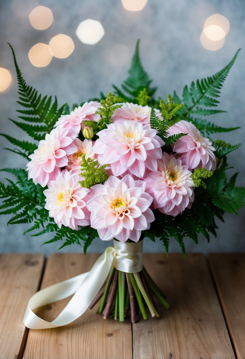 A bouquet of light pink dahlias and ferns, tied with a satin ribbon