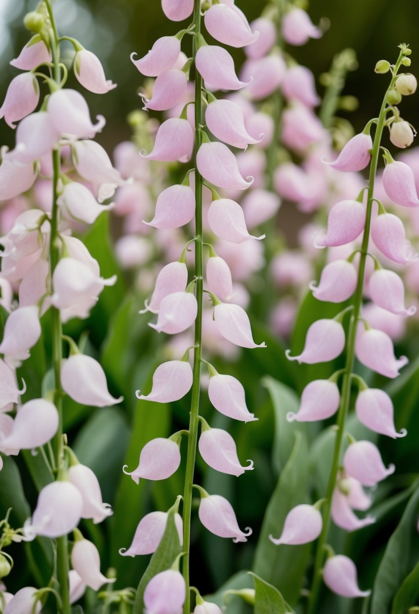 A delicate cascade of light pink sweet peas arranged in a wedding bouquet