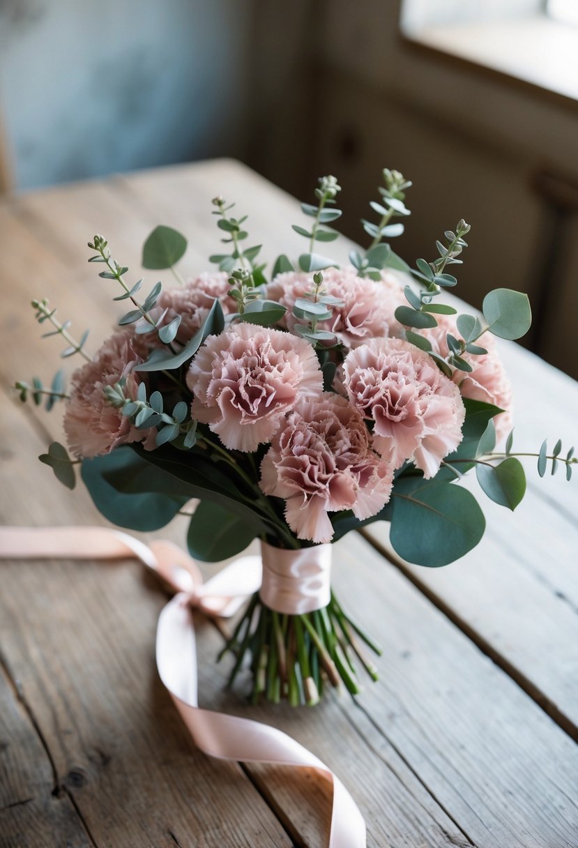 A delicate wedding bouquet of dusty pink carnations and eucalyptus, arranged in a light pink ribbon, sits on a rustic wooden table