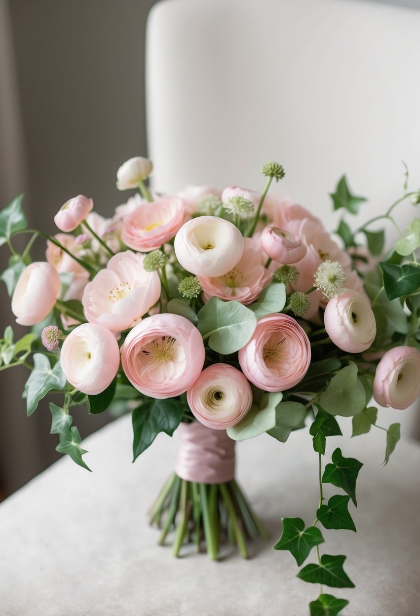 A delicate bouquet of blush ranunculus and ivy, with light pink tones, arranged in a romantic and elegant composition