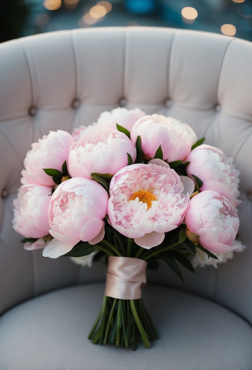 A delicate arrangement of soft rosy peonies in a light pink wedding bouquet, tied with a satin ribbon