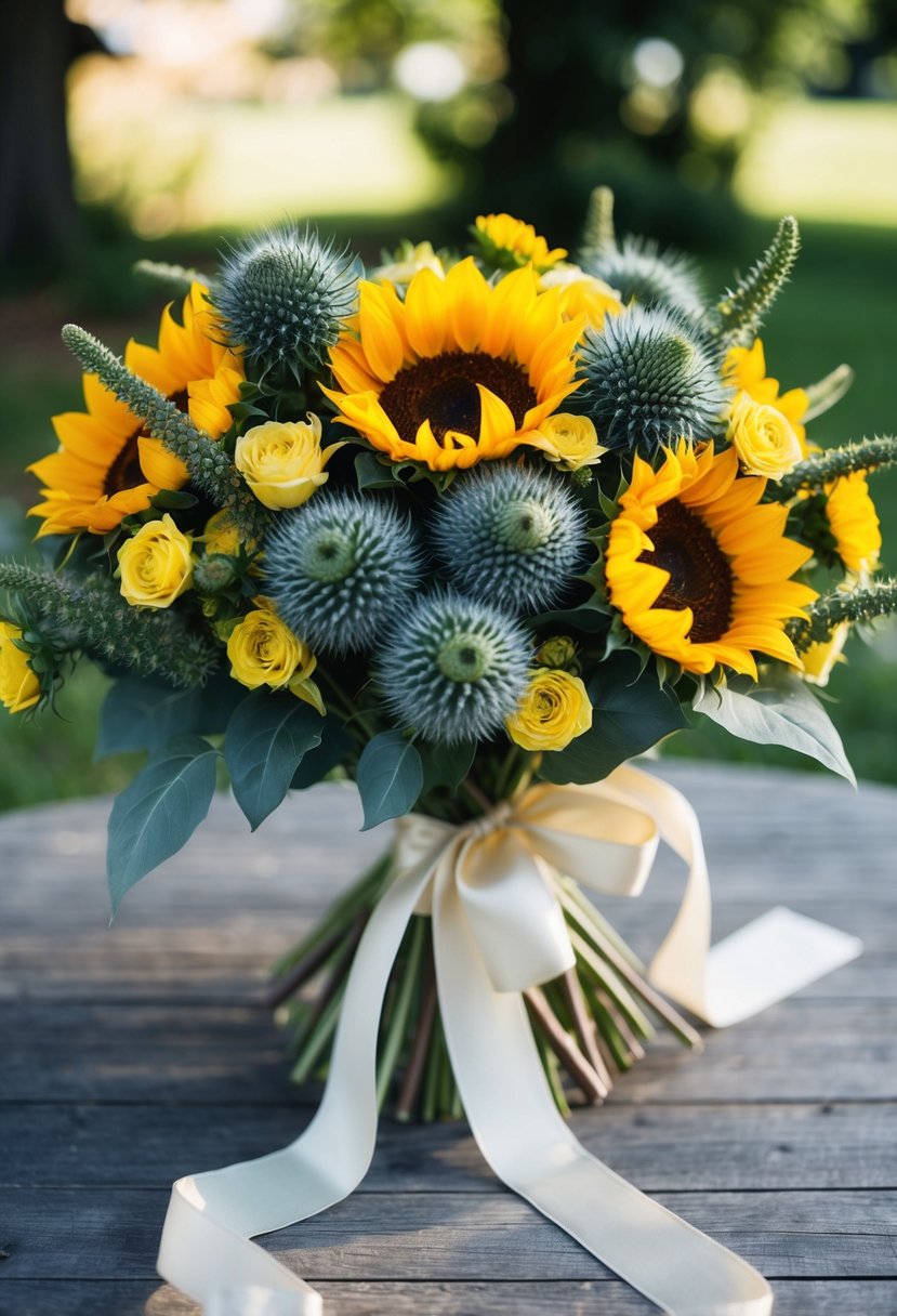 A lush bouquet of sunflowers, dahlias, and dusty blue thistles, tied with trailing ivory ribbons, sits on a rustic wooden table