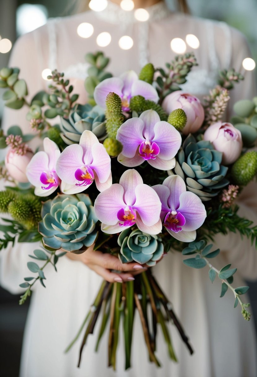 A delicate bouquet of light pink orchids and succulents arranged in a flowing, natural style