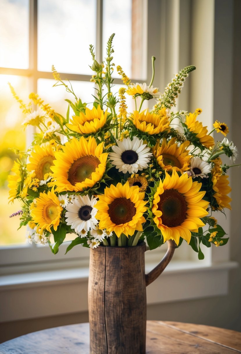 A vibrant bouquet of sunflowers, daisies, and wildflowers arranged in a rustic, wooden vase with a soft, golden sunlight streaming through a window