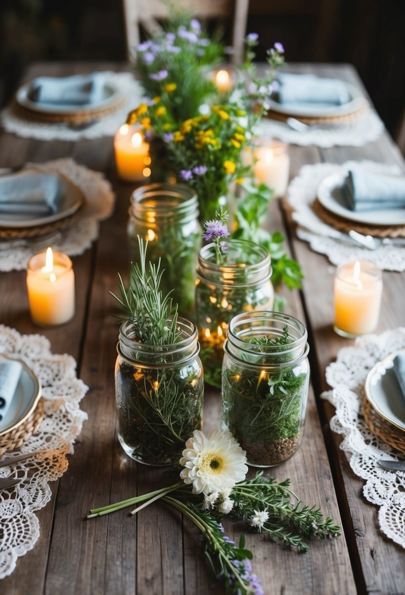 A rustic wooden table adorned with fresh herbs and wildflowers in mason jars, surrounded by flickering candles and delicate lace linens