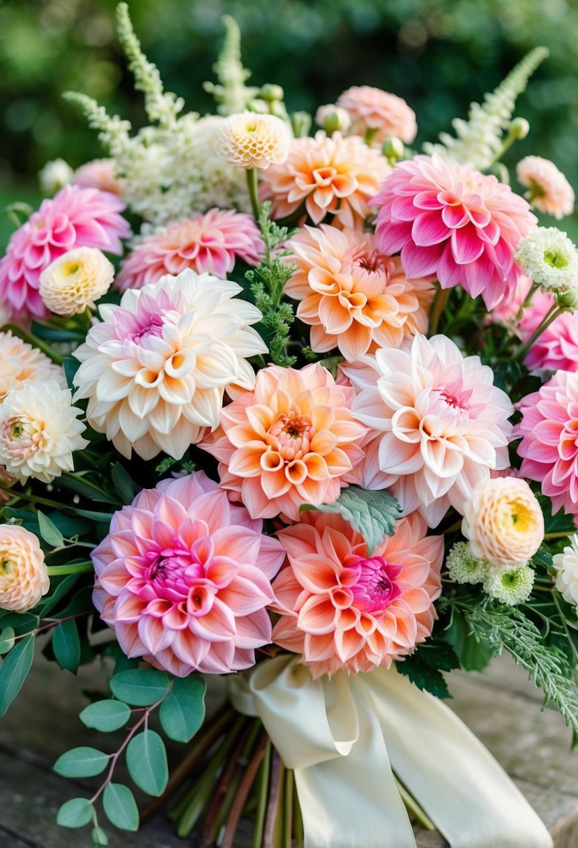 A lush bouquet of dahlia flowers in shades of pink, peach, and ivory, accented with greenery and tied with a flowing ivory ribbon