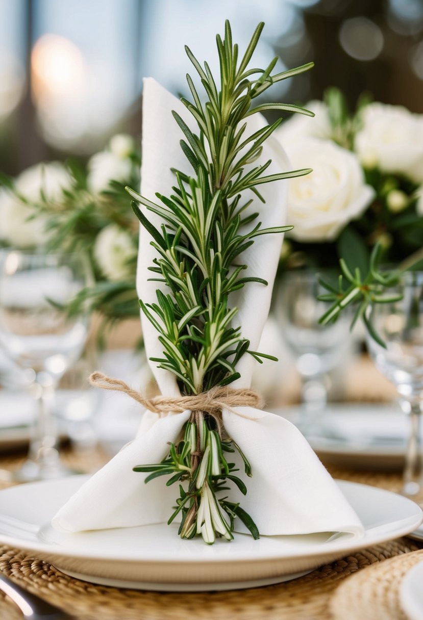 Rosemary sprigs tied around napkins, adorning wedding tables