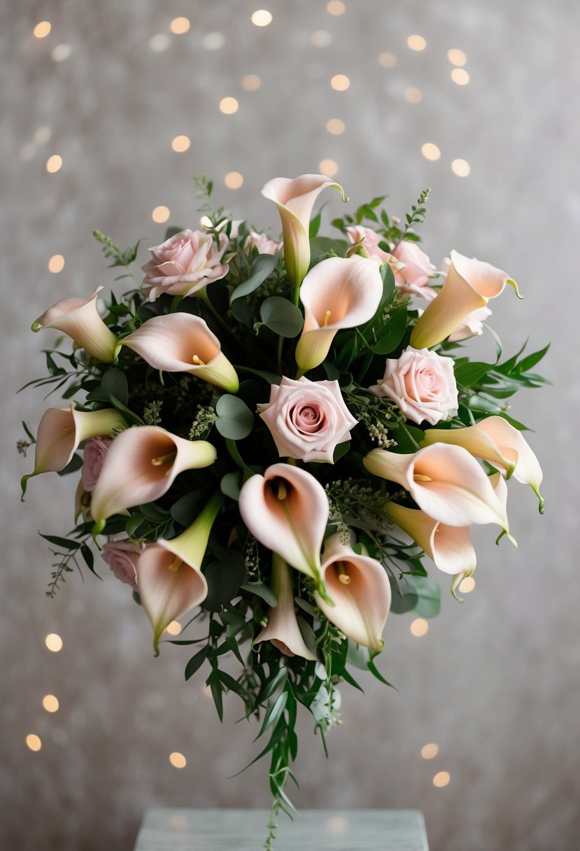 A delicate bouquet of blush calla lilies and roses, with soft greenery, arranged in a round, cascading shape