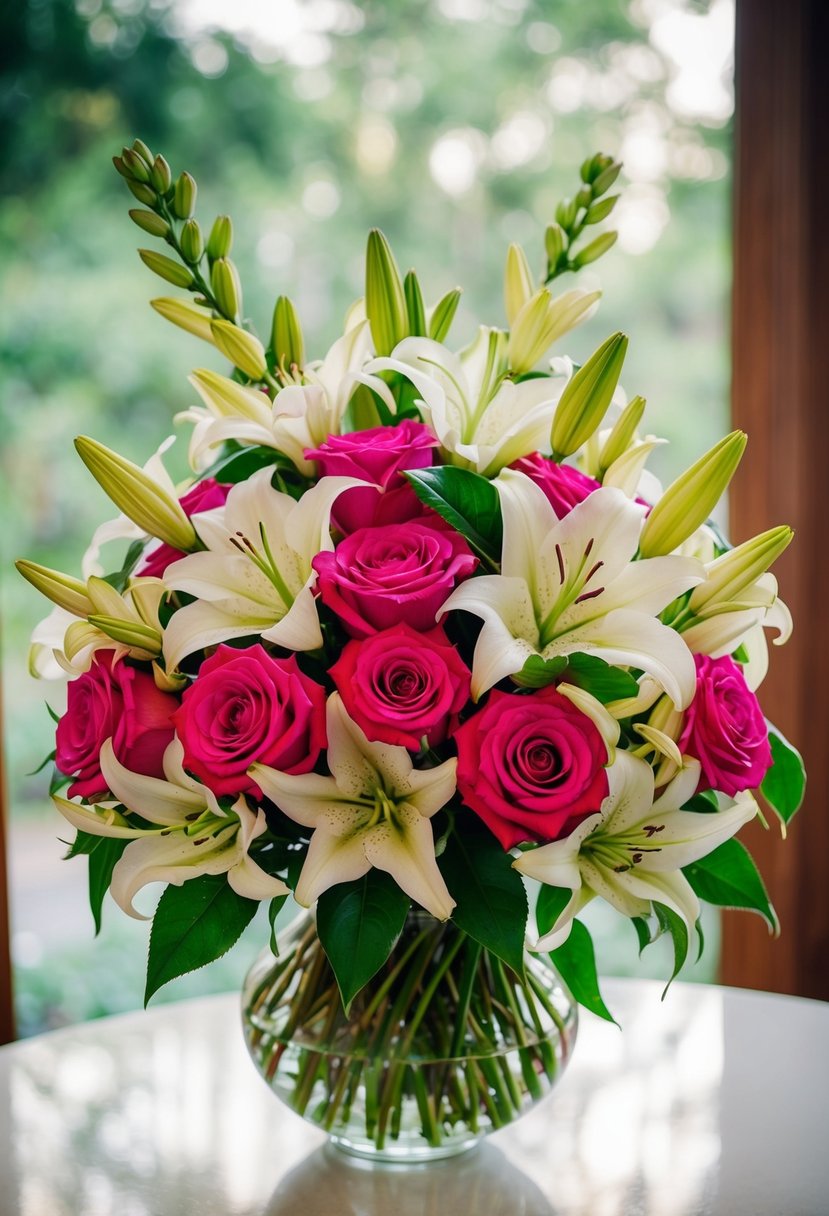 A lush bouquet of roses and lilies entwined in harmony