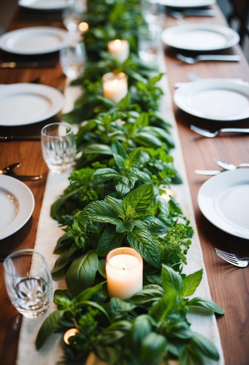 A table adorned with mint and basil runners, creating a fresh and aromatic wedding centerpiece