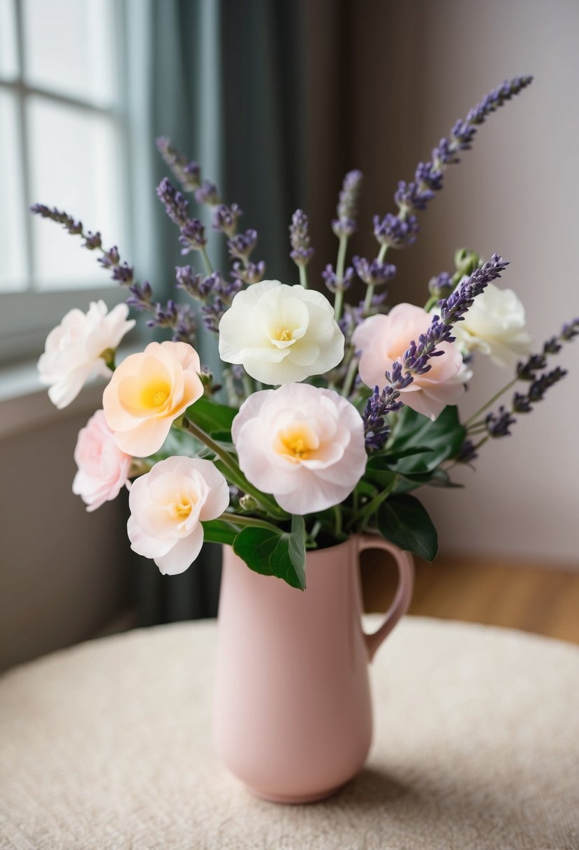 A delicate bouquet of pastel begonias and sprigs of lavender, arranged in a soft pink vase