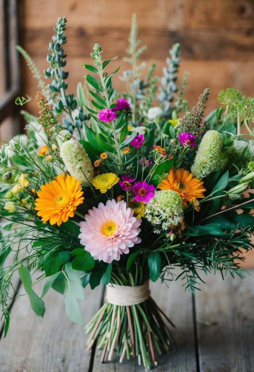 A vibrant bouquet of wildflowers and greenery arranged in a rustic, romantic style, with pops of bright colors and delicate blooms