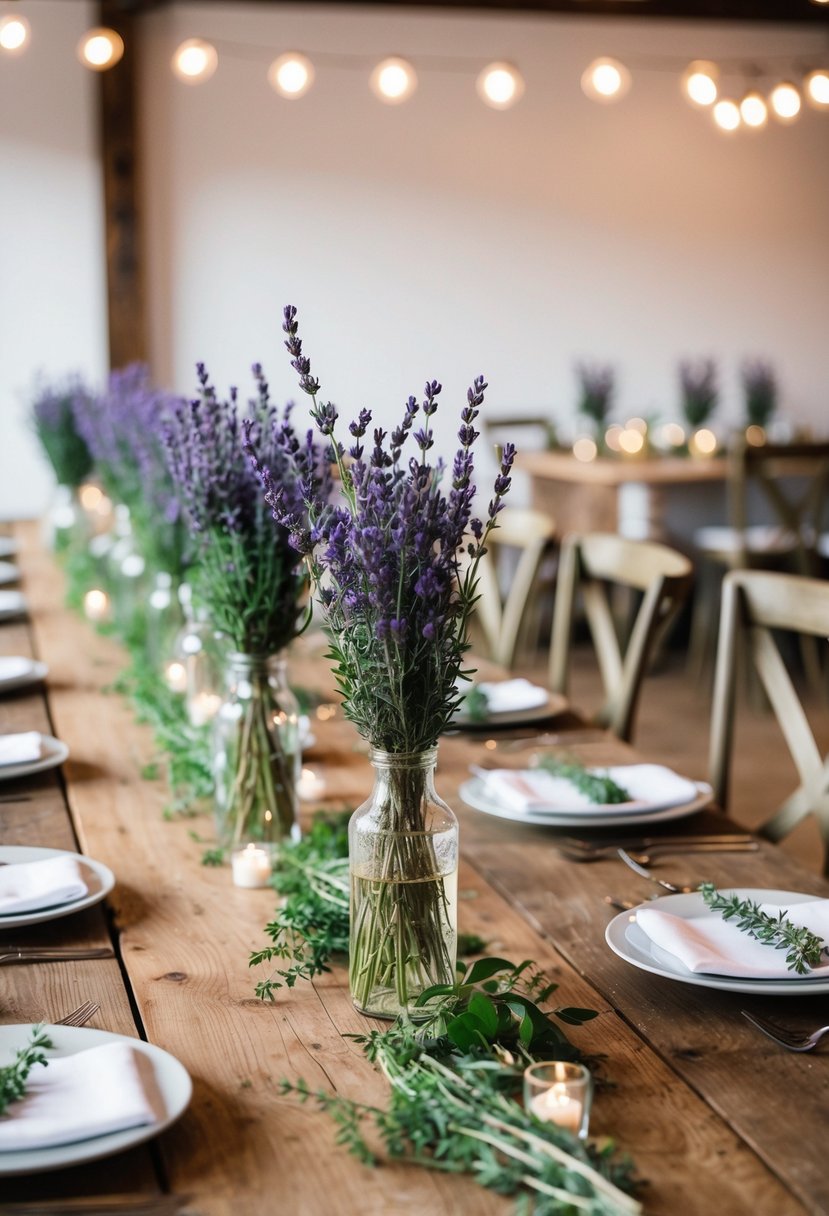 A rustic wooden table adorned with lavender and thyme centerpieces, creating a fragrant and elegant herb-themed wedding decoration