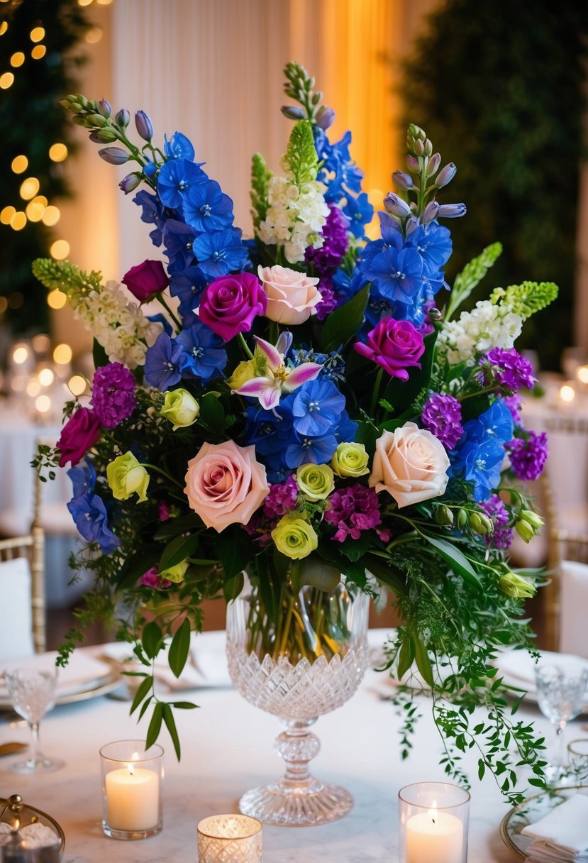 A lush bouquet of vibrant delphiniums, roses, and greenery cascades from a crystal vase, set against a backdrop of soft candlelight and elegant table settings