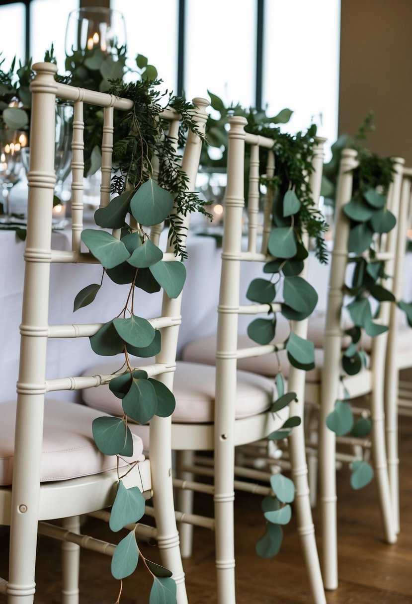 Eucalyptus garlands draped over chairs and arranged on a wedding table, creating a natural and elegant herb decoration theme