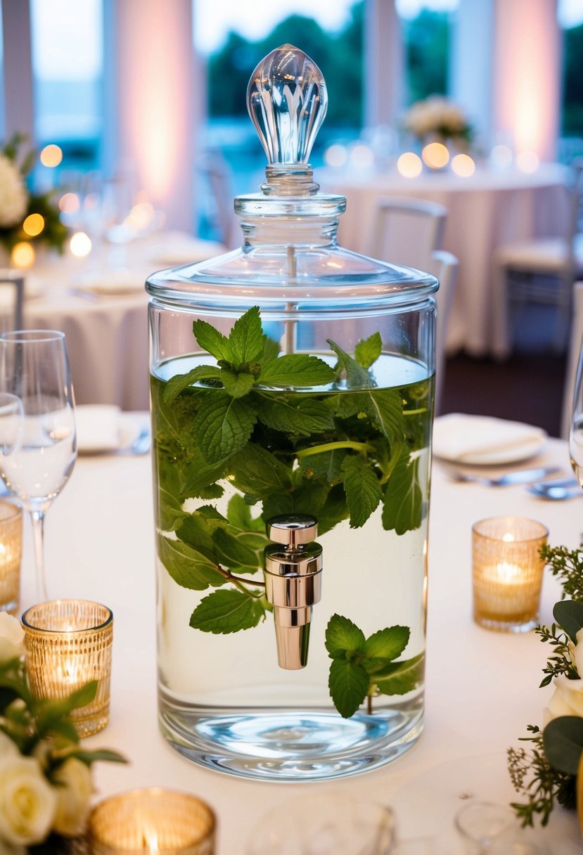 A glass water dispenser with mint leaves and herbs, surrounded by elegant wedding table decorations