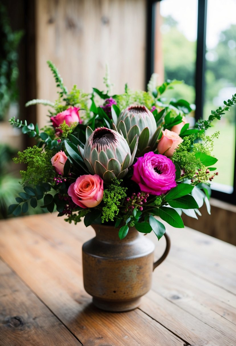 A vibrant bouquet of protea, roses, and greenery in a rustic vase on a wooden table