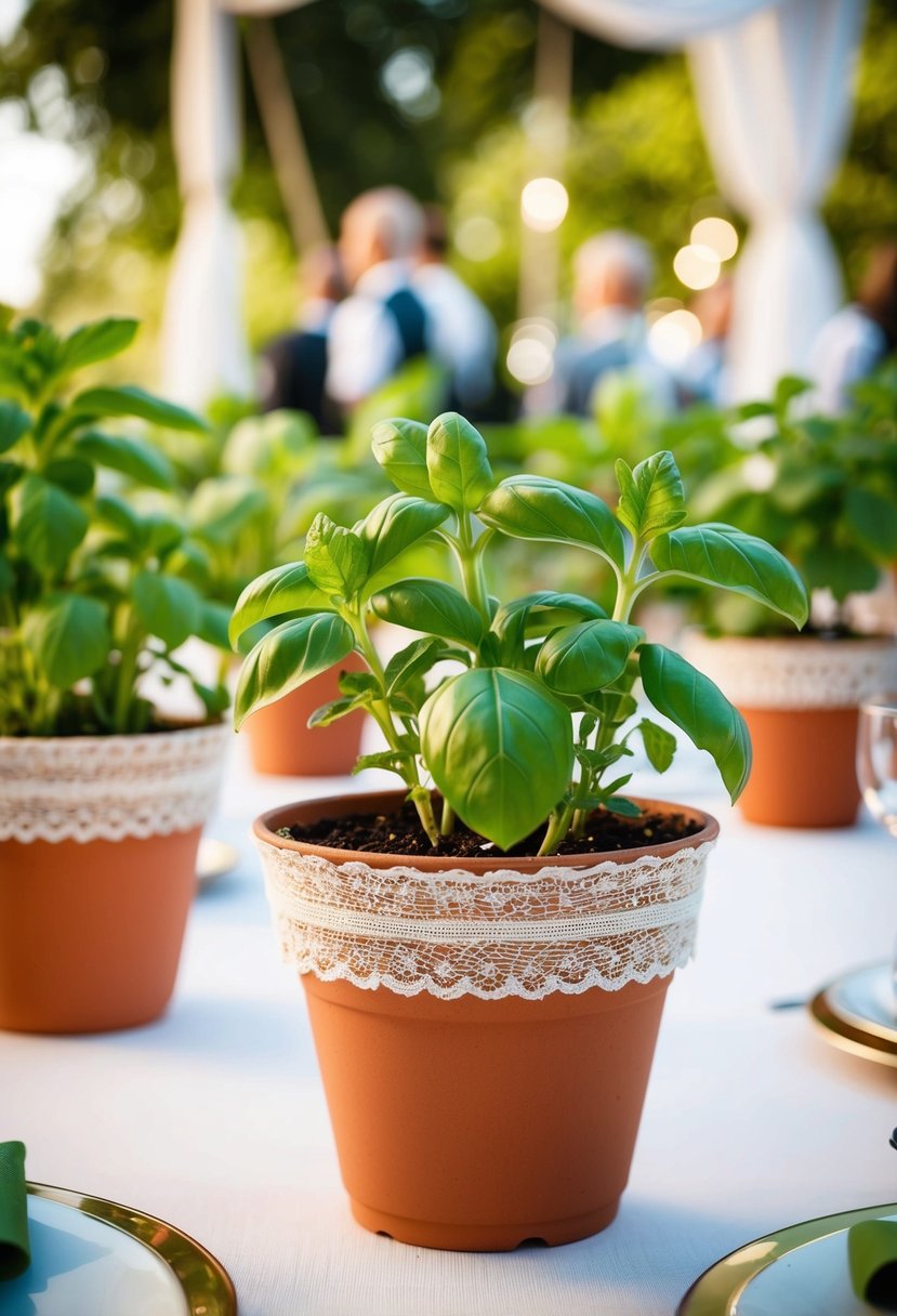 Potted basil and mint plants arranged as wedding table decorations