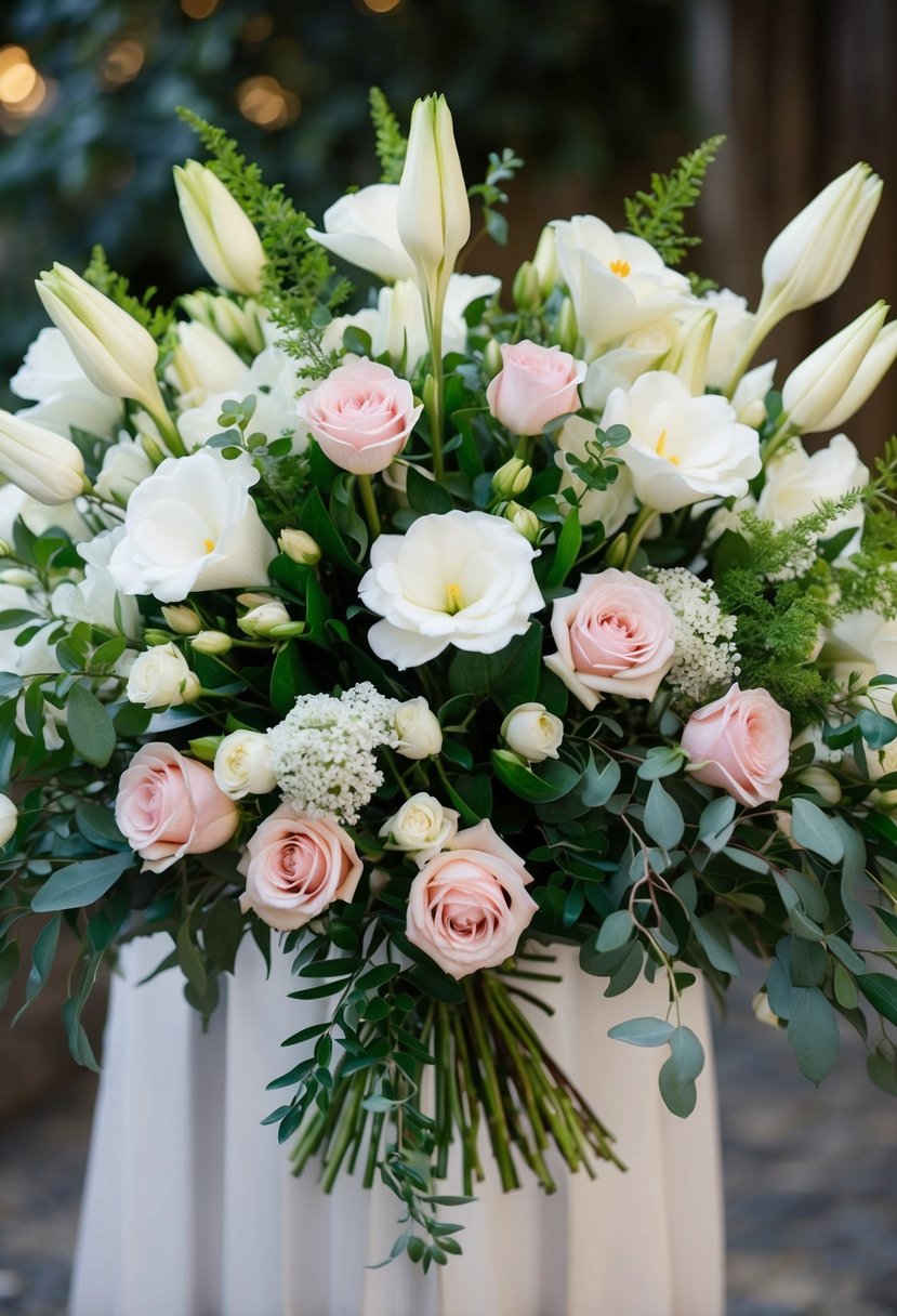 A lush bouquet of white freesias, delicate greenery, and soft pink roses, arranged in an elegant, cascading style