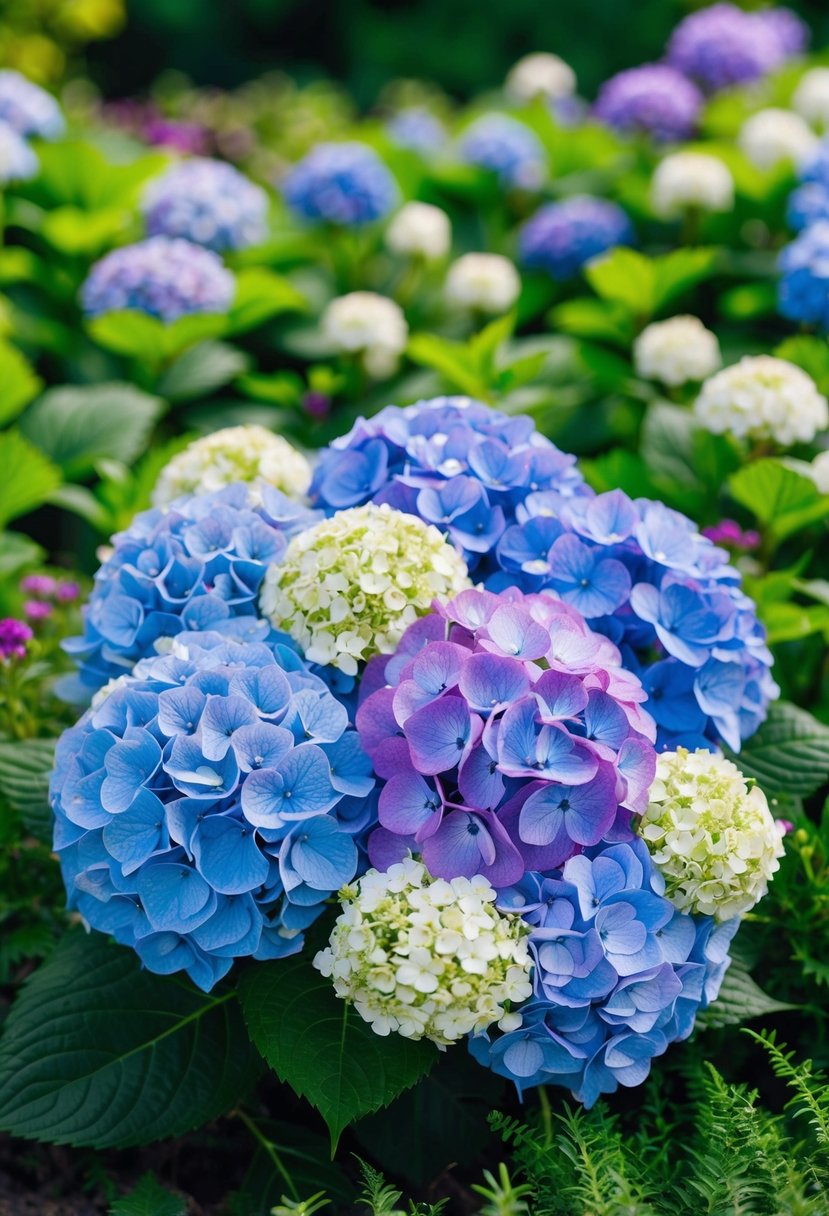 A lush bouquet of blue and purple hydrangeas, accented with delicate white blooms, nestled in a bed of vibrant greenery