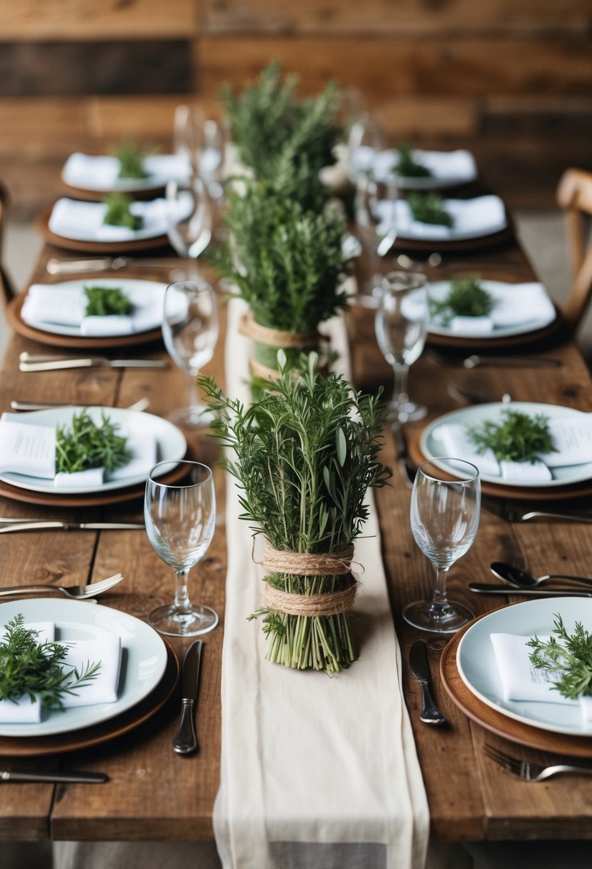 A rustic wedding table adorned with herb bundle place settings