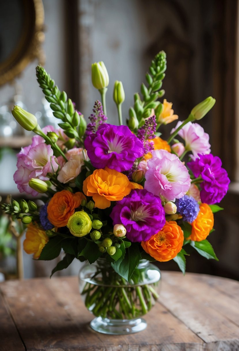 A vibrant bouquet of Lisianthus, Charm, and August flowers in a rustic, elegant setting