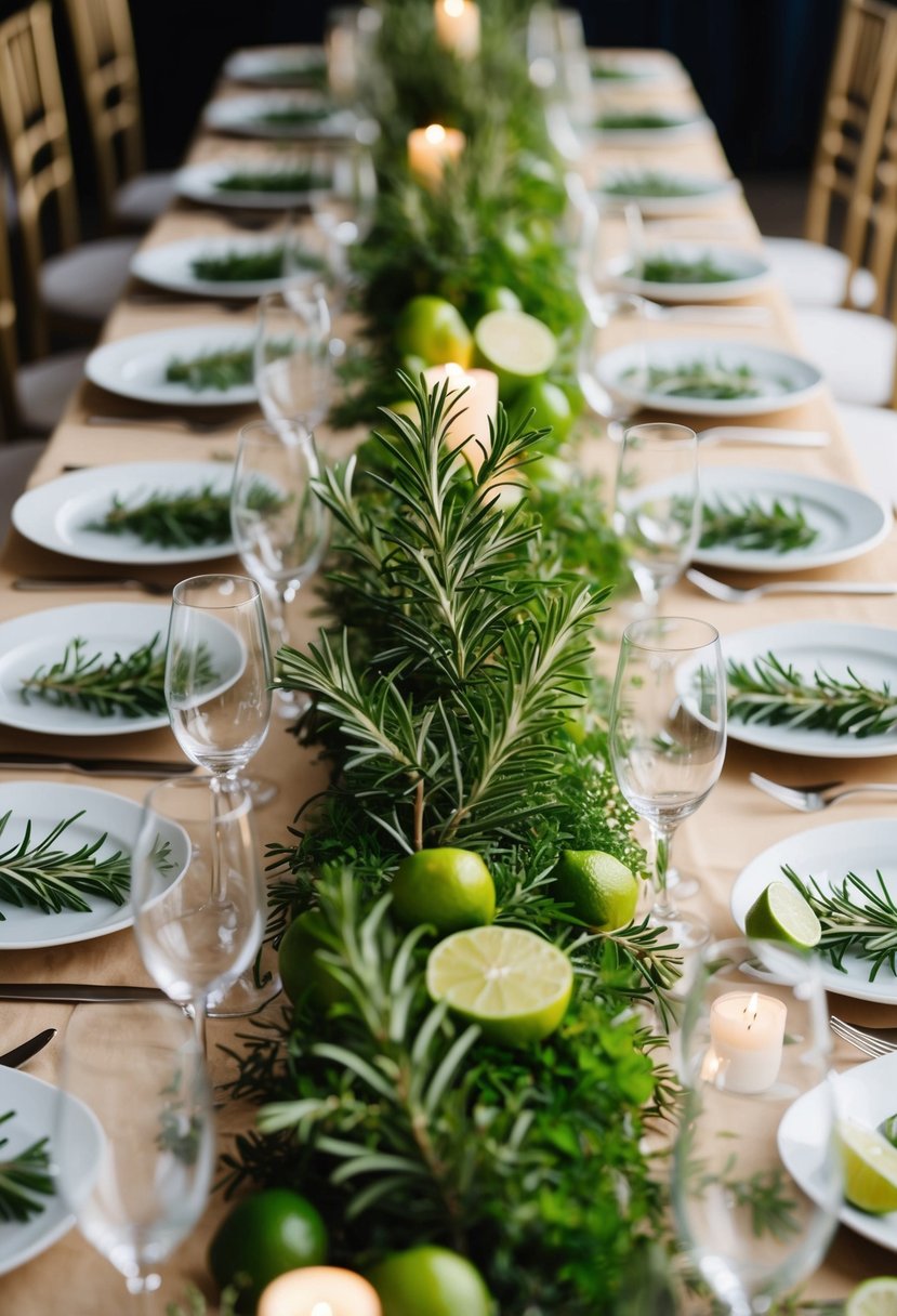 A table adorned with fresh rosemary and lime centerpieces for a herb-themed wedding