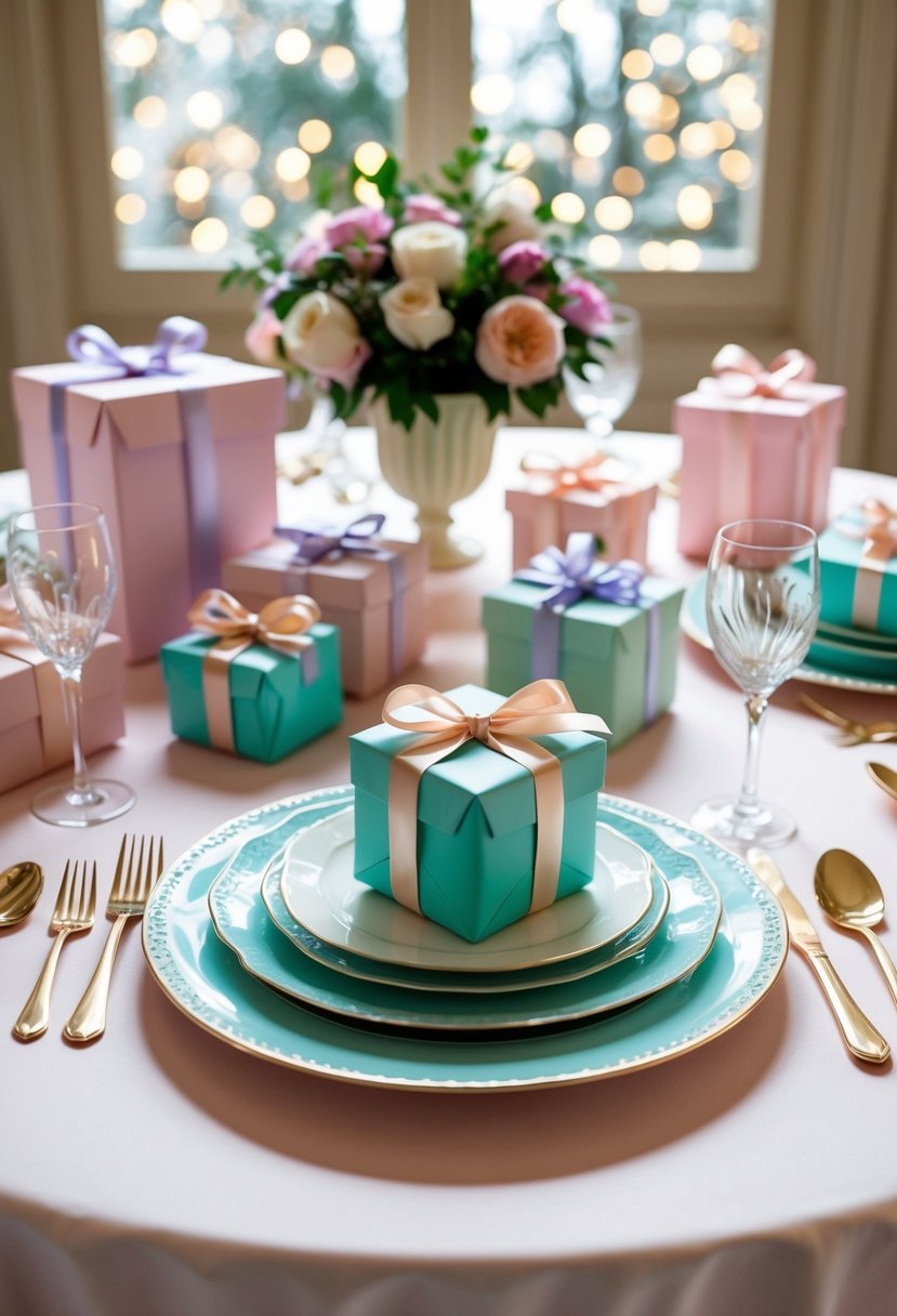 A table set with elegant dinnerware, surrounded by gifts wrapped in pastel paper and tied with satin ribbons