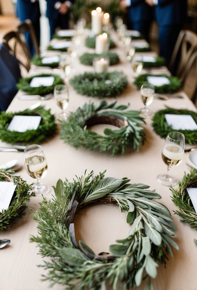 Sage wreaths adorn guest tables at a herb-themed wedding