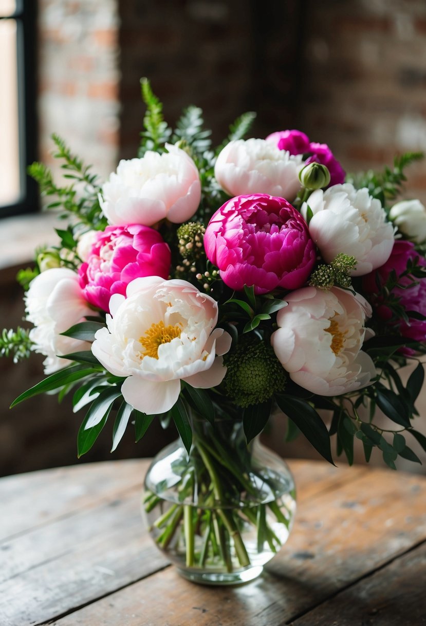 A lush bouquet of pink and white peonies, accented with greenery, sits in a glass vase on a rustic wooden table