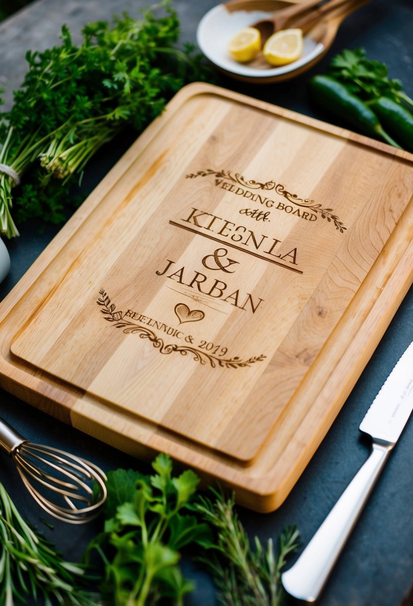 A personalized cutting board with wedding date and couple's names engraved, surrounded by fresh herbs and kitchen utensils