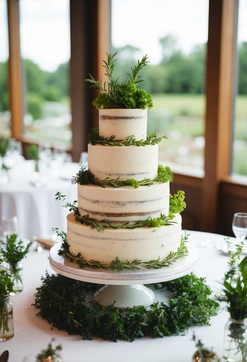 A wedding cake adorned with fresh herbs and surrounded by herb-themed table decorations