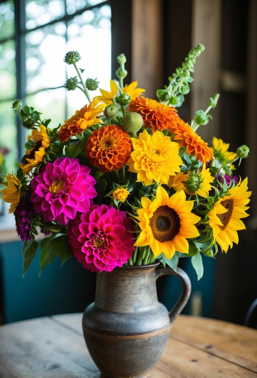 A vibrant bouquet of zinnias, dahlias, and sunflowers in a rustic vase on a wooden table