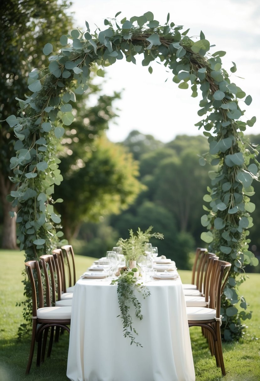 An archway of eucalyptus frames a wedding table with herb decorations