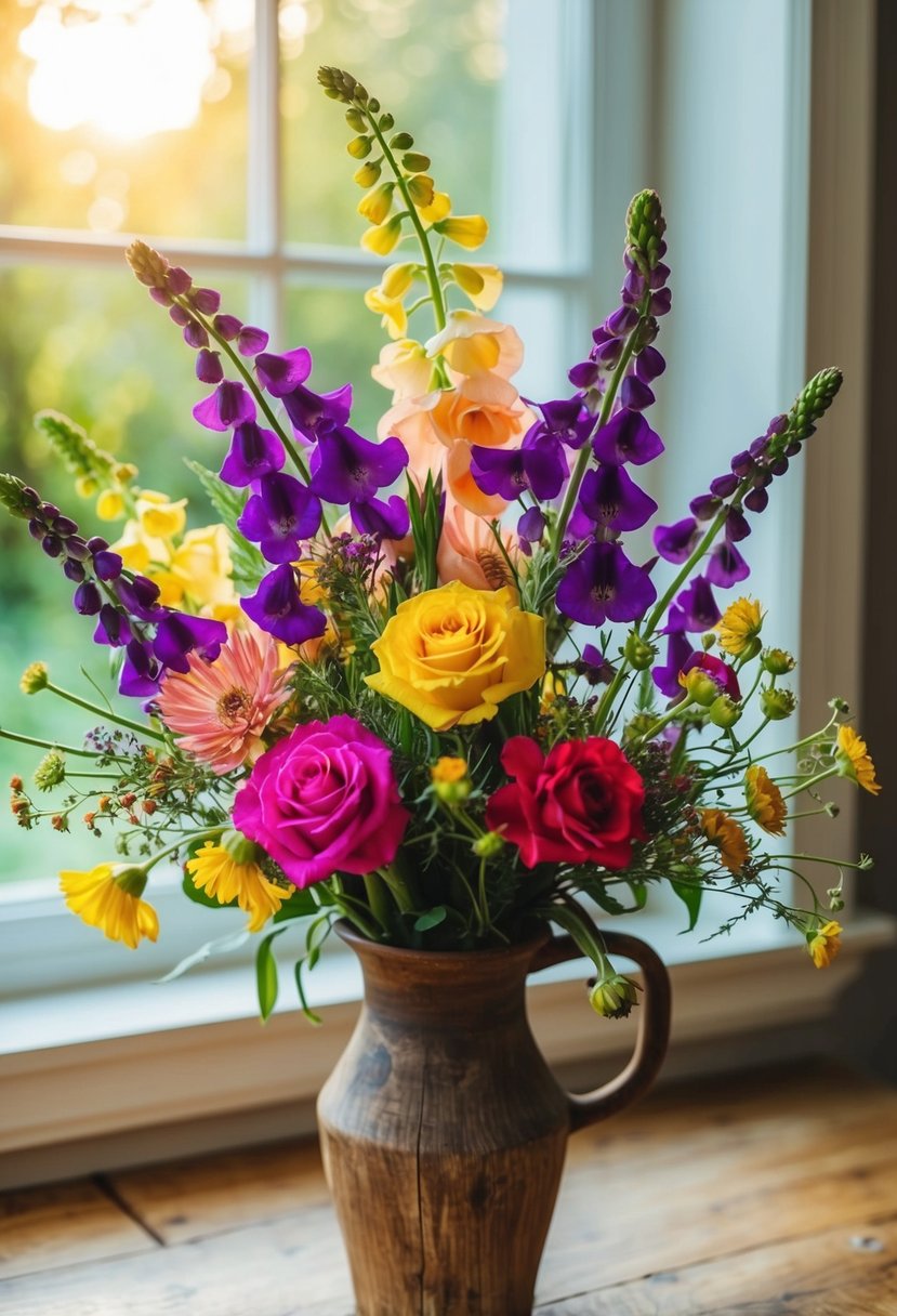 A vibrant bouquet of snapdragons, roses, and wildflowers arranged in a rustic, wooden vase. Sunlight filters through a window, casting a warm glow on the colorful arrangement