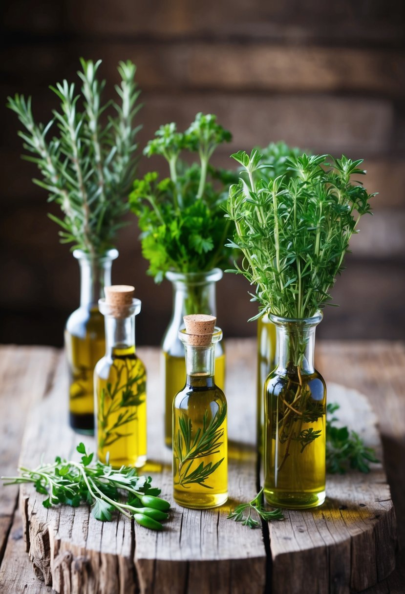 A rustic wooden table adorned with small vases of fresh herbs and bottles of herb-infused olive oil