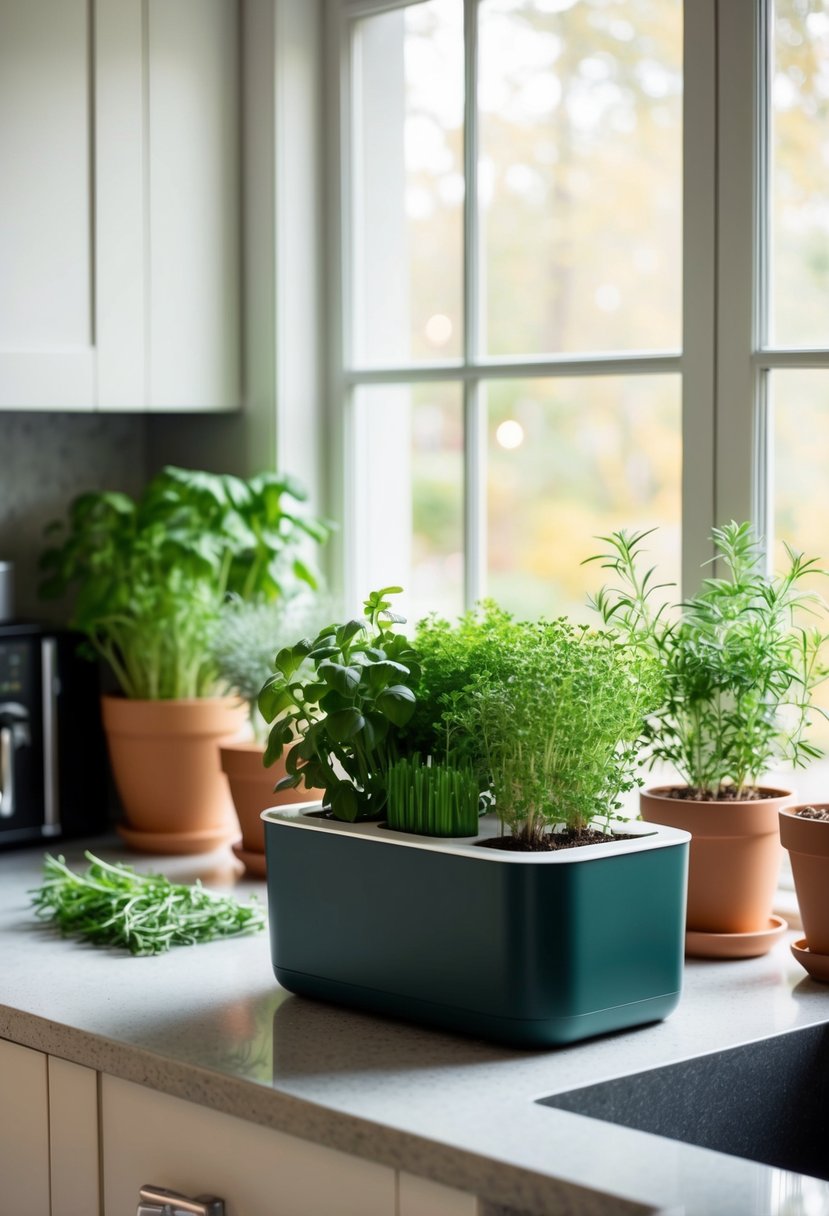 A cozy kitchen with a sleek, modern indoor herb garden kit on the counter, surrounded by pots of fresh herbs and a soft, natural light filtering through the window