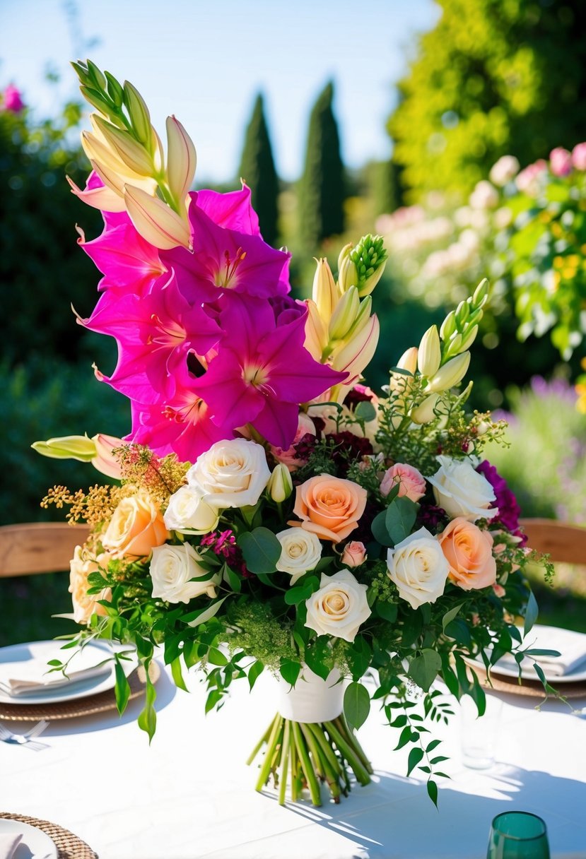 A sunlit garden table adorned with a vibrant array of gladiolus, roses, and greenery in a wedding bouquet arrangement