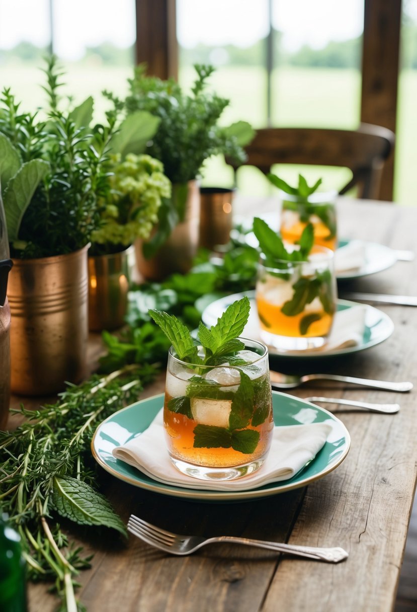 A rustic wedding table adorned with fresh mint, julep cocktails, and aromatic herbs for a charming and elegant decoration idea