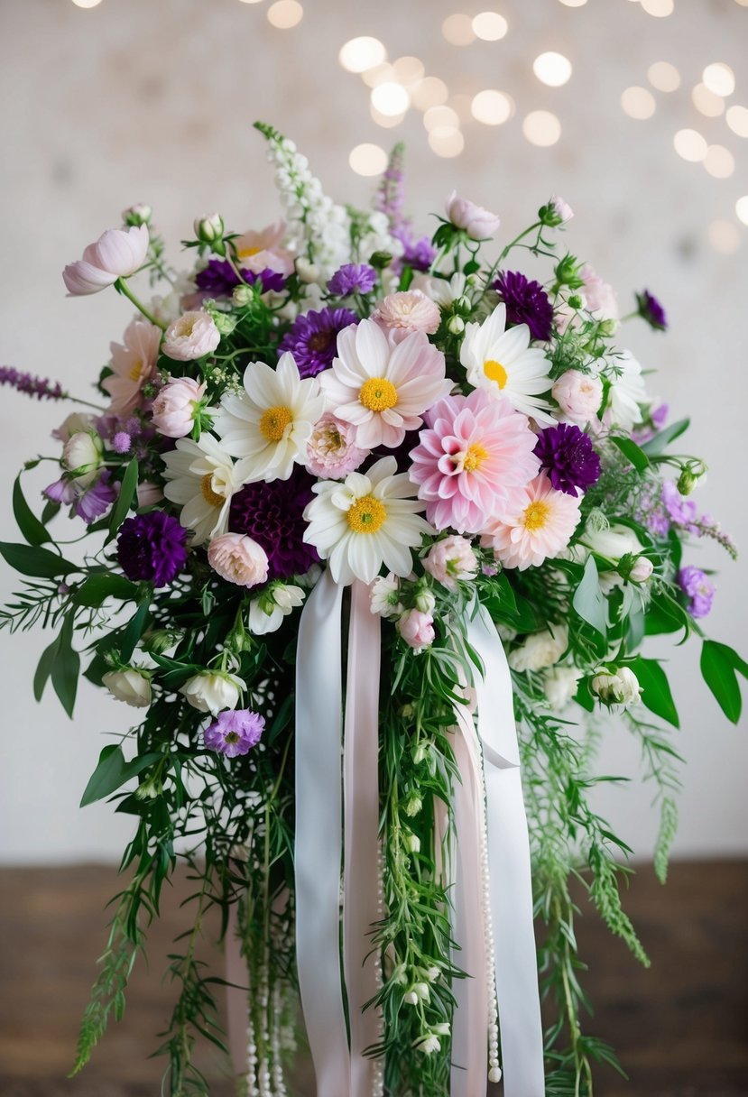 A cascading bouquet of cosmos, dahlias, and greenery in shades of white, pink, and purple, accented with delicate ribbons and pearls