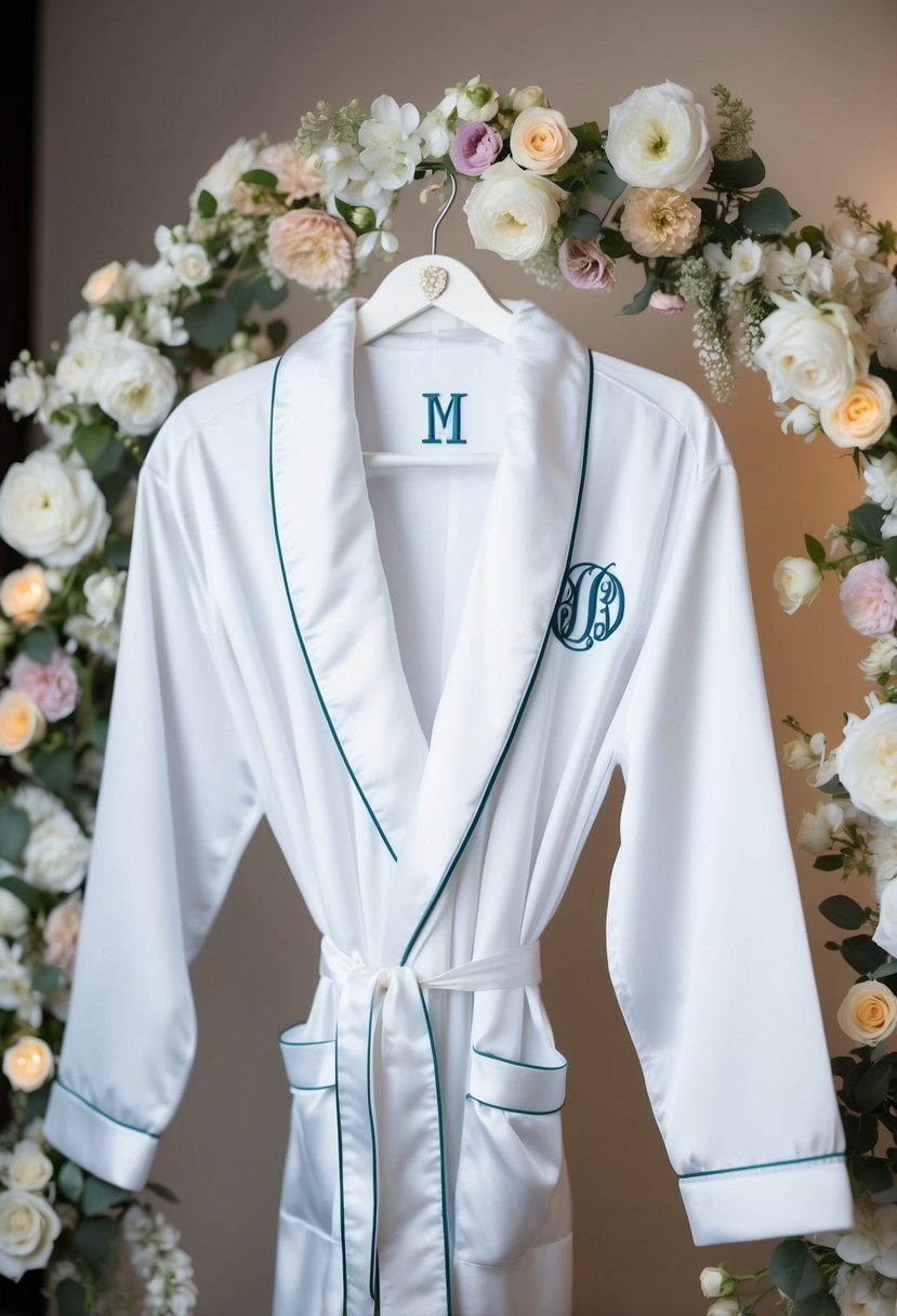 A luxurious white robe hangs on a hook, adorned with a monogram of intertwined initials, surrounded by delicate floral arrangements and soft lighting