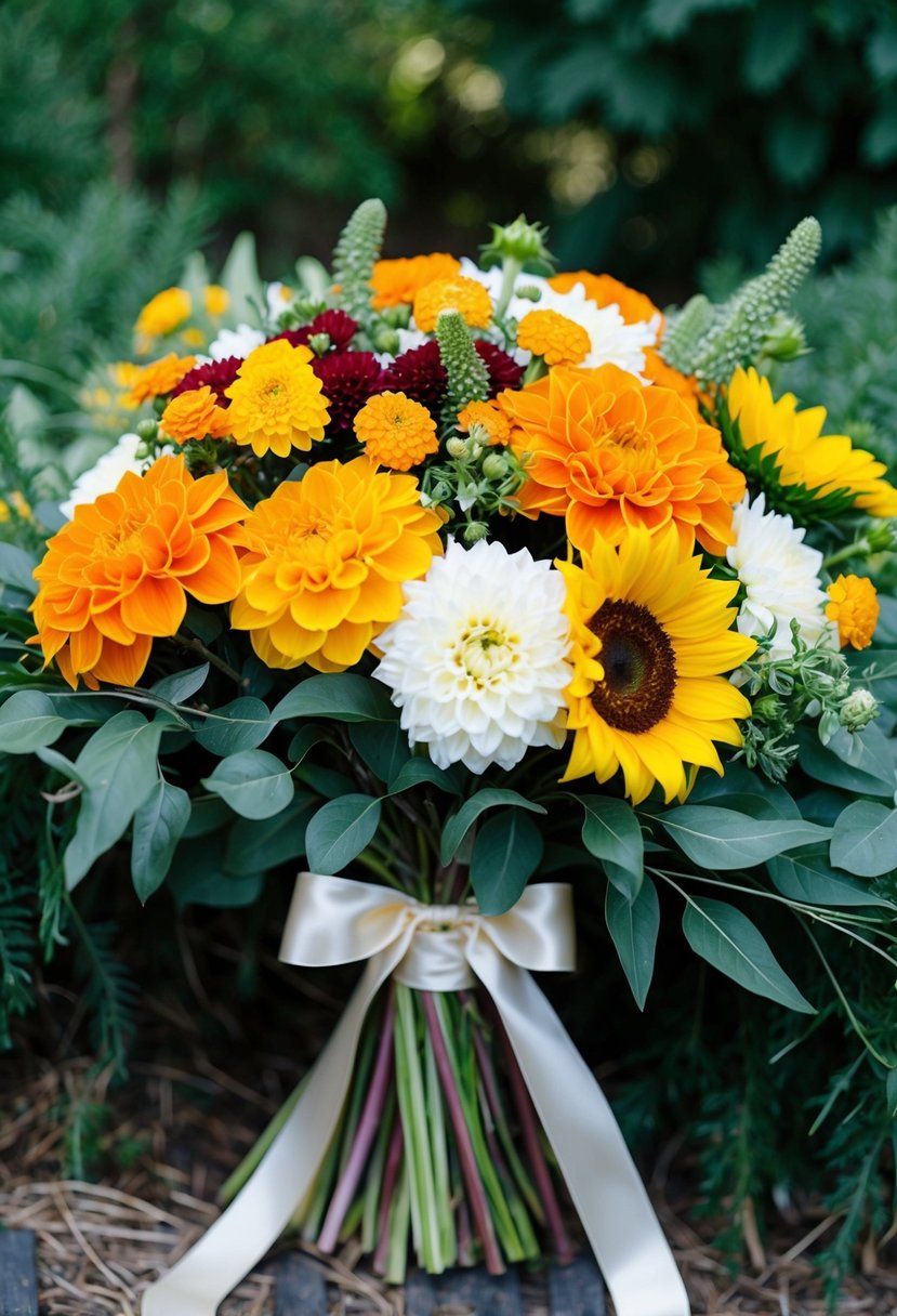 A lush bouquet of marigolds, dahlias, and sunflowers nestled among greenery and tied with a satin ribbon