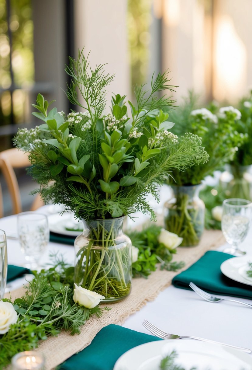 A table adorned with dill and oregano floral arrangements, creating a natural and aromatic herb wedding centerpiece