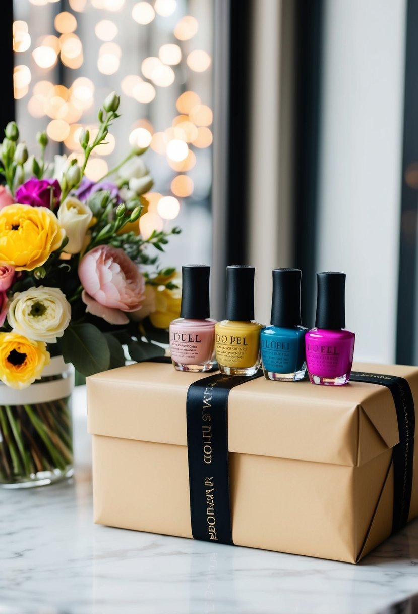 A beautifully wrapped box with a set of colorful nail polish bottles displayed on a table next to a bouquet of flowers