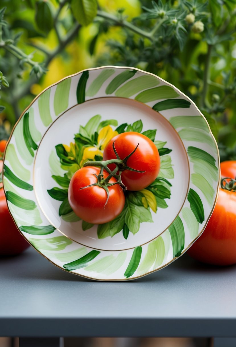 A hand-painted tomato salad plate with vibrant colors and delicate brush strokes, set against a backdrop of fresh greenery and ripe tomatoes