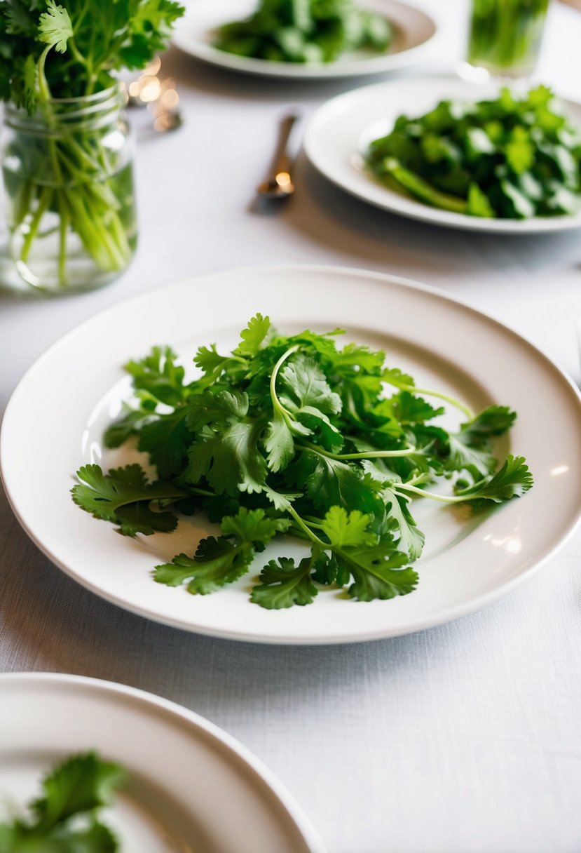 Fresh cilantro leaves arranged in a delicate pattern on white plates for a wedding table decoration