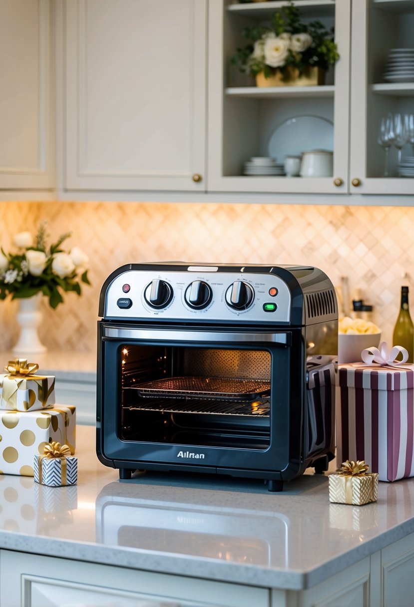 An elegant kitchen countertop with a sleek air fryer toaster oven grill combo surrounded by wedding shower gift boxes and wrapping paper