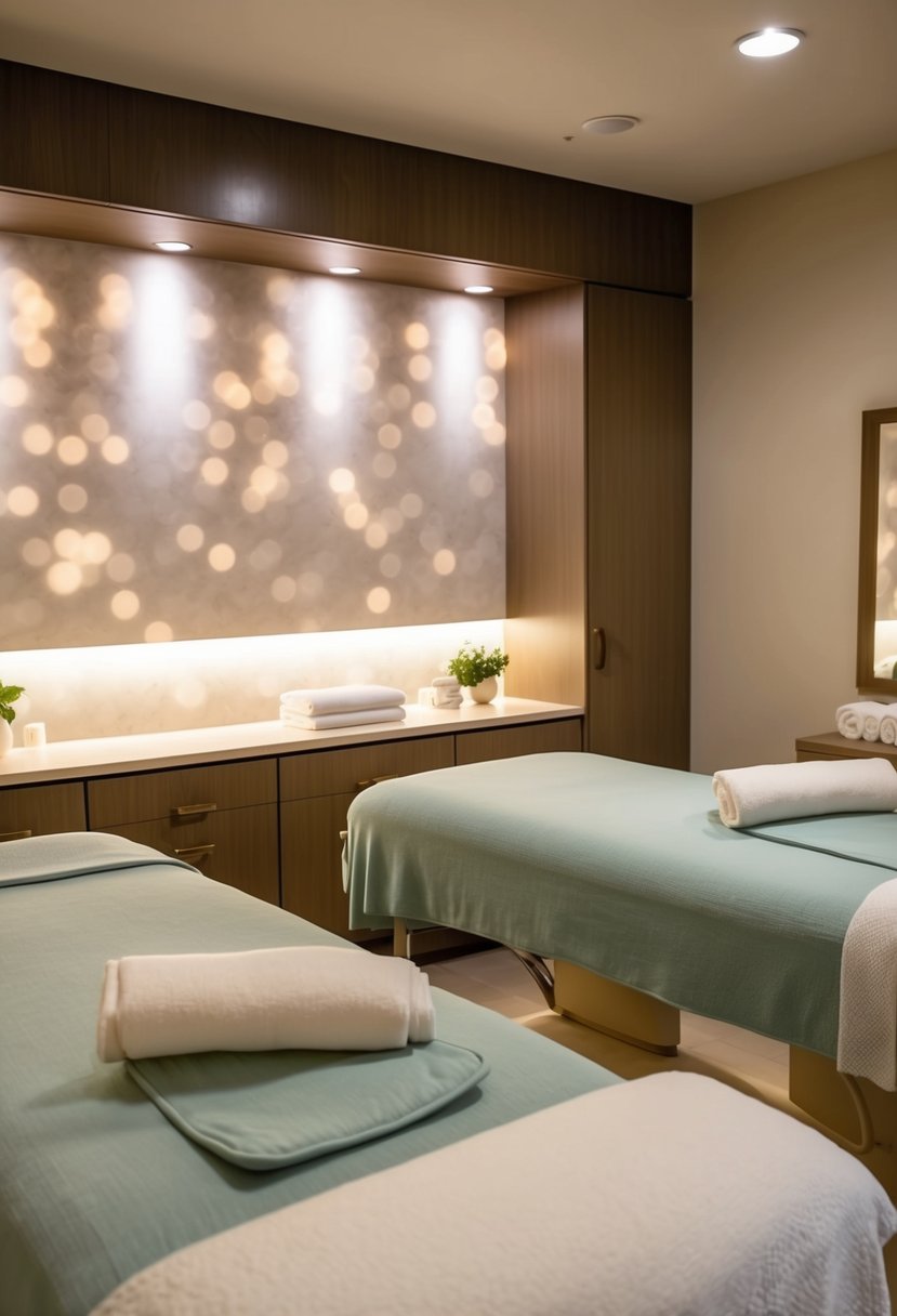 A serene spa room with two massage tables, soft lighting, and calming decor