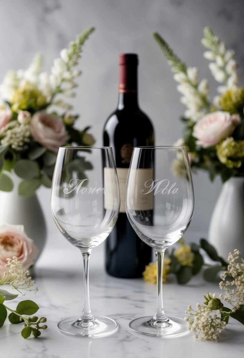 Two wine glasses with elegant personalized engravings, surrounded by delicate floral arrangements and a bottle of wine