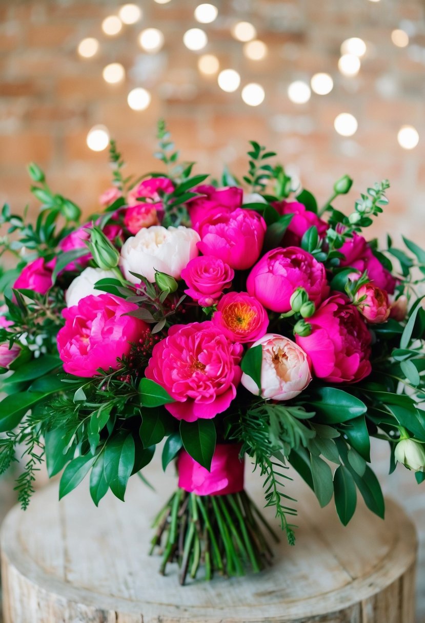 A vibrant hot pink wedding bouquet with roses, peonies, and greenery, arranged in a lush, cascading style